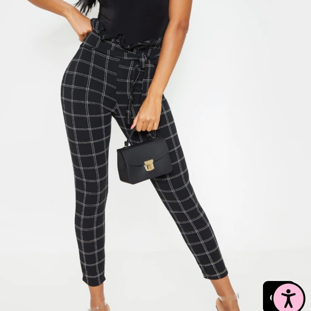 Pretty Little Thing Black Tweed Check Paperbag Skinny Pants